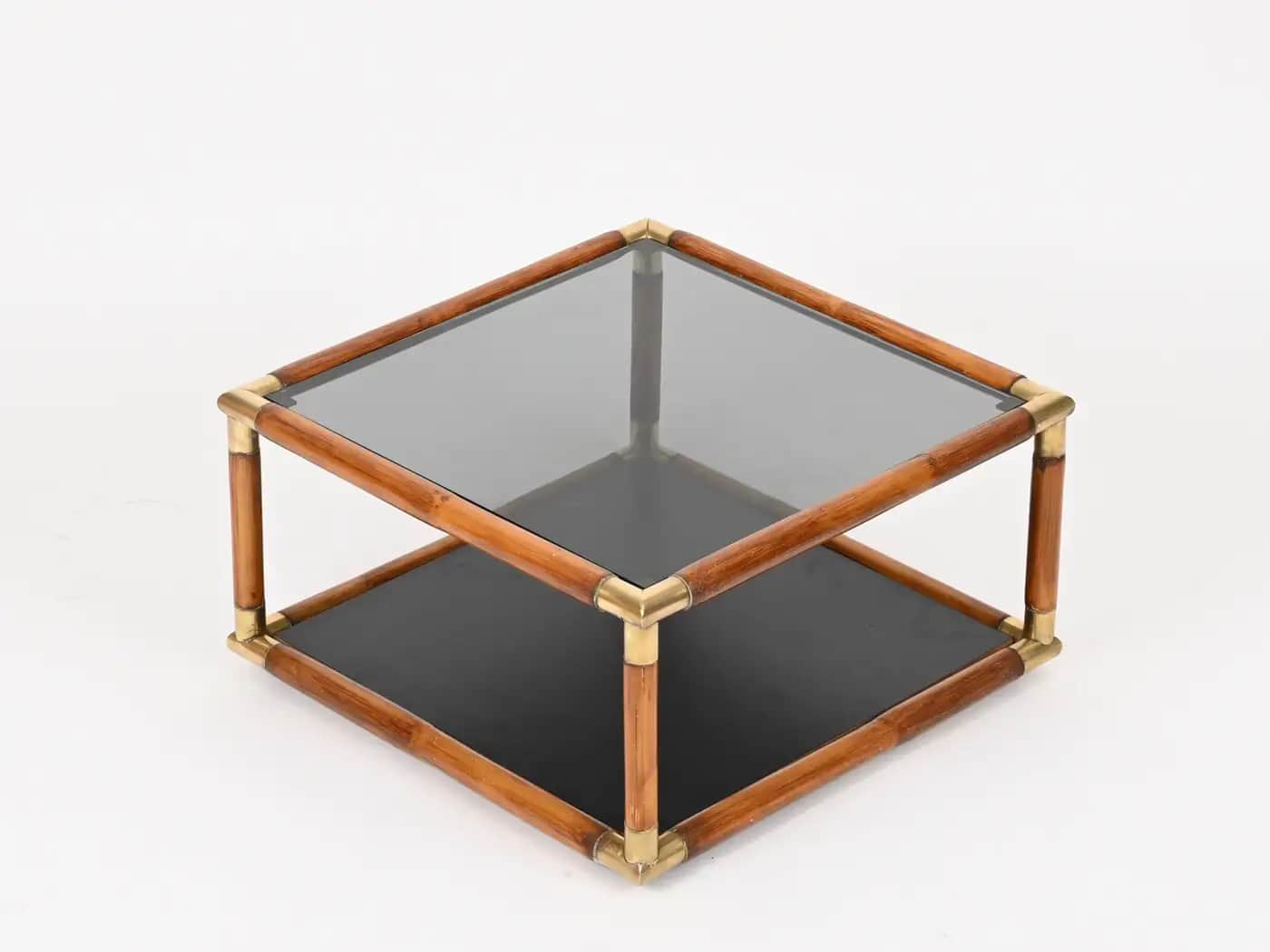 A square, two-tiered coffee table featuring a frame constructed from bamboo-style wood and joined by… — 3D model