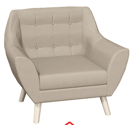 A contemporary armchair upholstered in light beige fabric, featuring a tufted backrest and splayed wooden legs. — 3D model