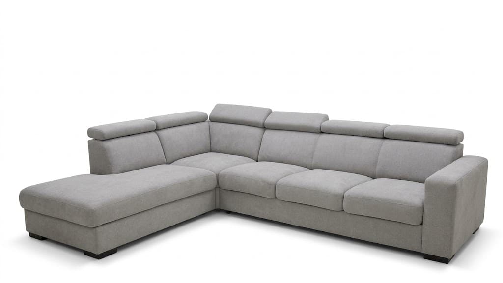 An L-shaped sectional sofa upholstered in light gray fabric, featuring a chaise lounge on the left side (when viewed from the front). The sofa has clean lines, block-style armrests, and individual seating cushions. Each backrest is equipped with an adjustable headrest cushion, providing enhanced comfort. The base is minimalistic with low-profile dark feet. — 3D model