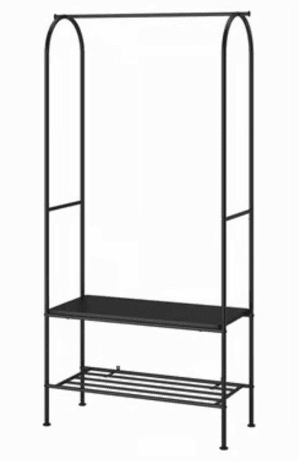 A minimalist, freestanding garment rack made of black metal, featuring an arched top hanging rail, a… — 3D model