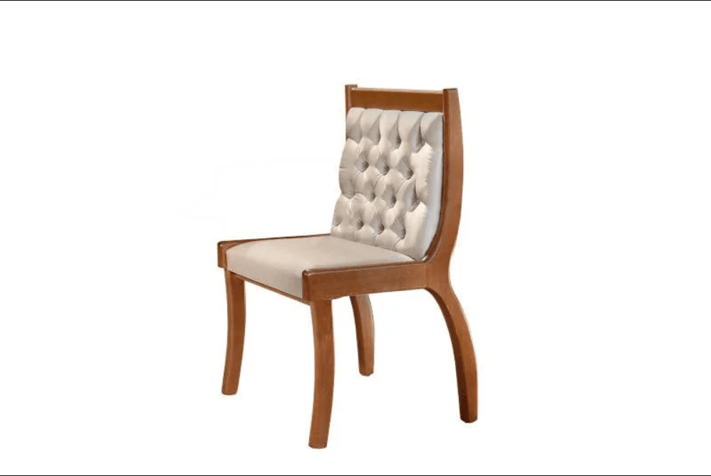 An armless dining chair featuring a light brown wooden frame and light cream upholstered seat and backrest. The backrest is prominently tufted, providing a classic aesthetic. The chair stands on four curved wooden legs, with the rear legs extending into the backrest frame. — 3D model