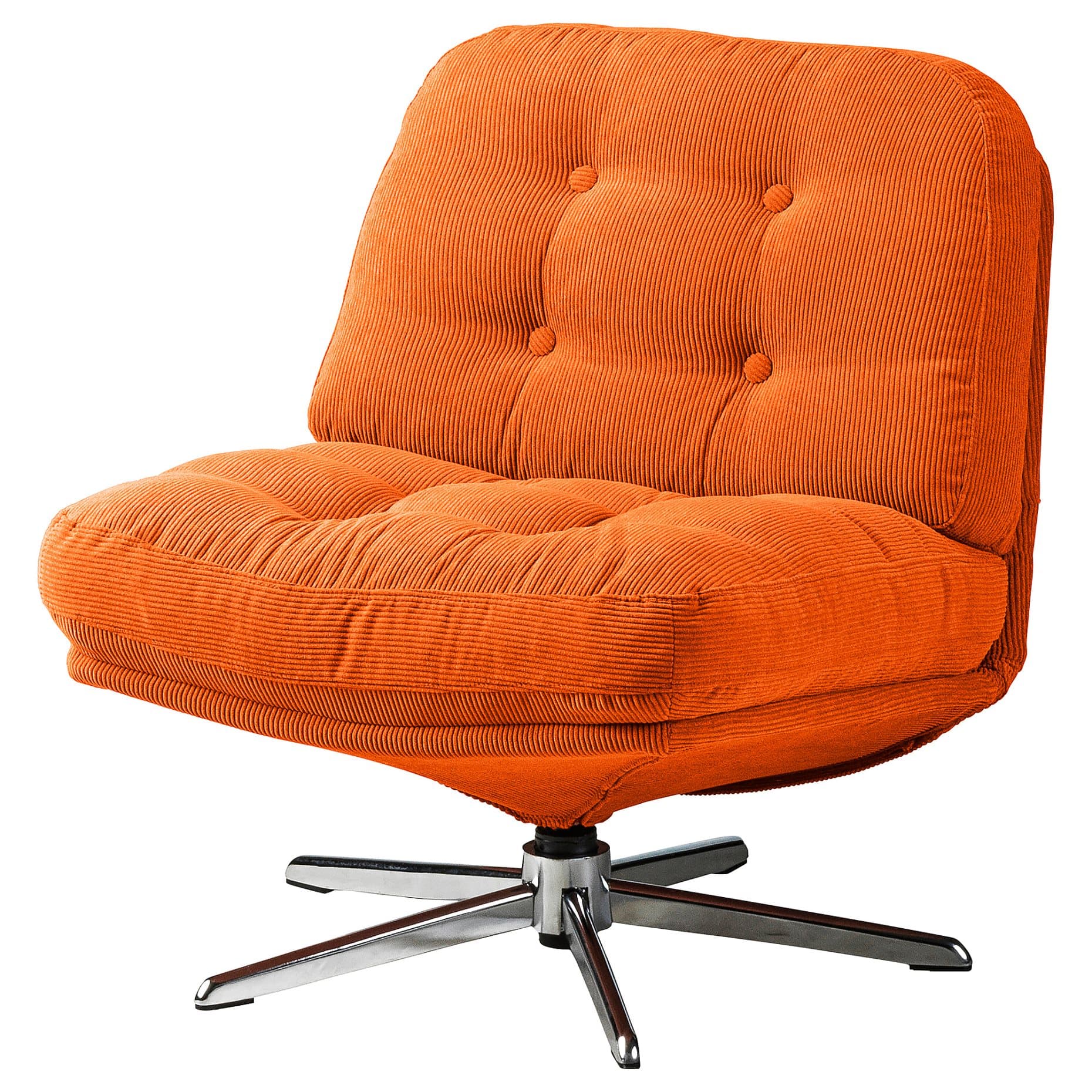 A modern, orange corduroy upholstered swivel lounge chair with button tufting on the backrest and seat, supported by a polished metal star-shaped base. — 3D model
