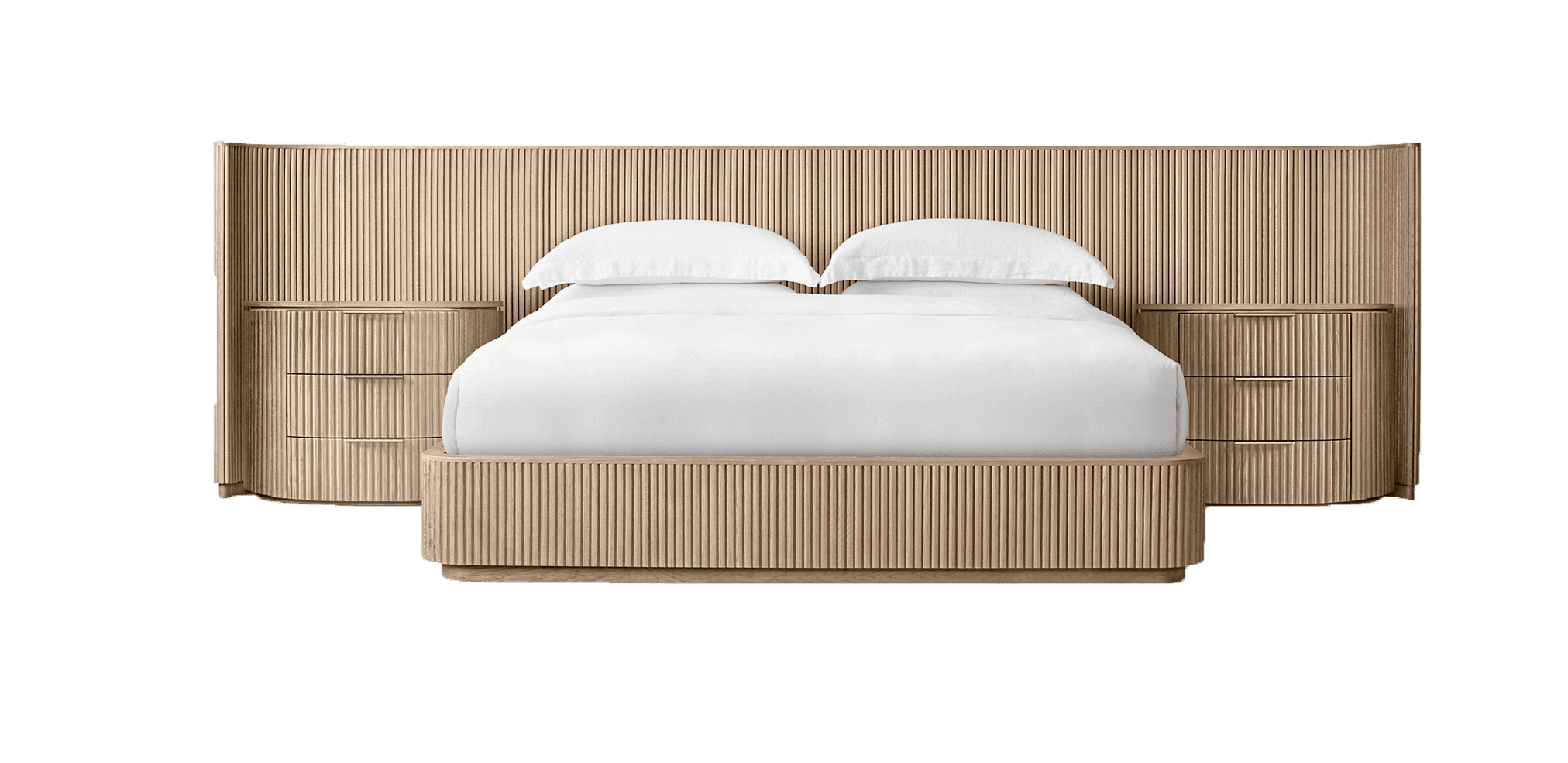 A contemporary wooden bed frame with an integrated headboard and side cabinets. The headboard is a large, vertically slatted panel that extends the full width of the bed and continues upwards. Attached to either side of the headboard are curved side panels. Built into the base of the bed frame and extending from underneath the headboard are two matching cabinets, each featuring three drawers with integrated pulls. The bed is dressed with white bedding, including two pillows. — 3D model