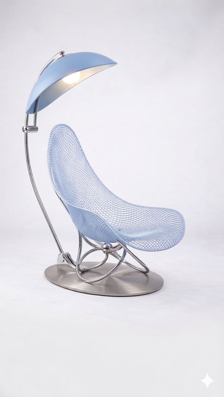 A chaise lounge with a distinctive undulating mesh seat and backrest, supported by a polished chrome frame. The frame extends upwards and curves to form an integrated light fixture with a blue, shell-shaped shade and a visible light bulb. The base is a brushed metal oval. — 3D model
