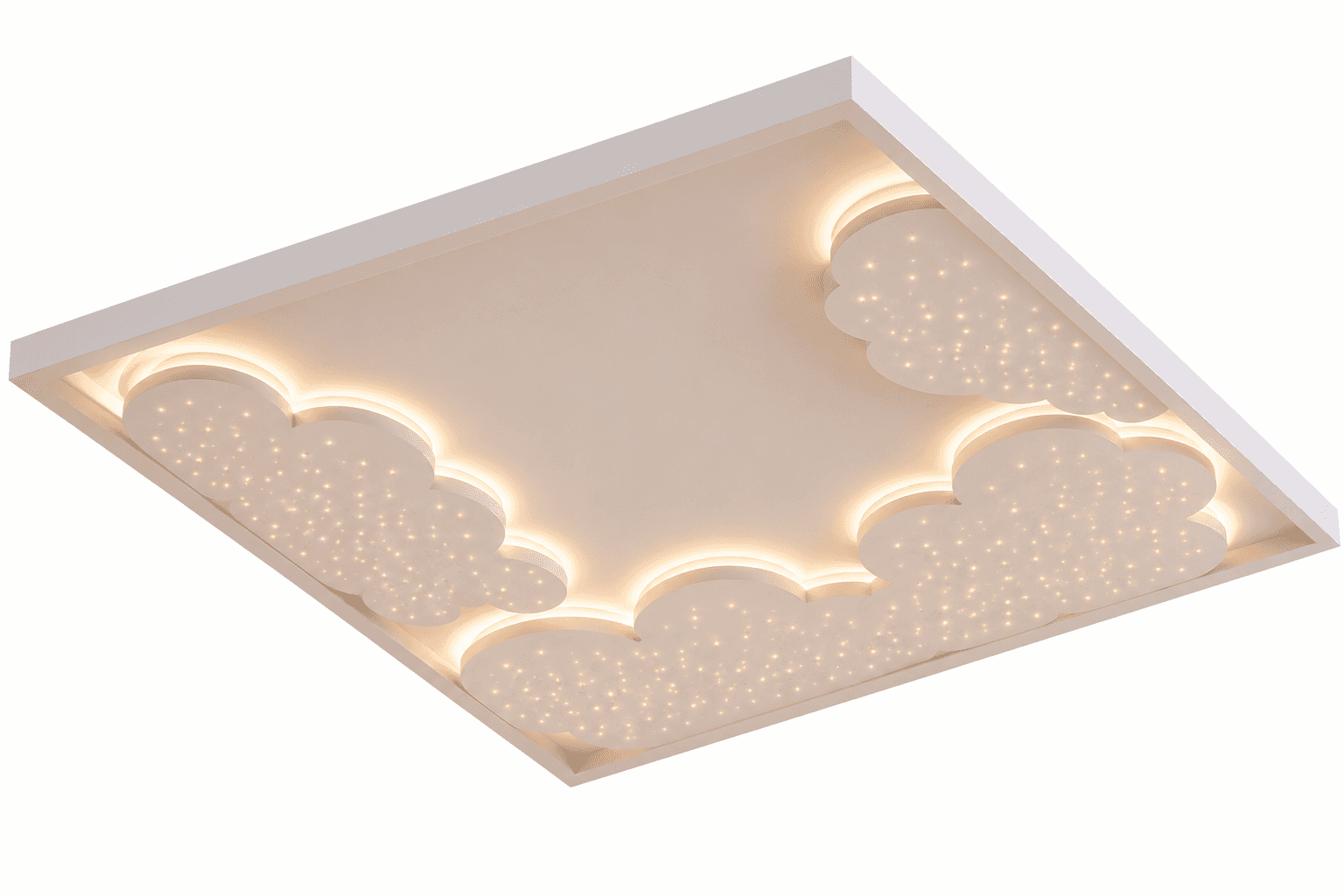 A square, white flush-mount LED ceiling light fixture featuring a whimsical cloud motif. The central… — 3D model
