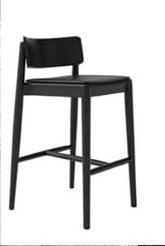 A contemporary bar stool with a minimalist design. It features a rectangular seat and a slightly angled, low-profile backrest. The frame consists of four tapered legs connected by horizontal stretchers for stability. The construction appears solid and functional. — 3D model