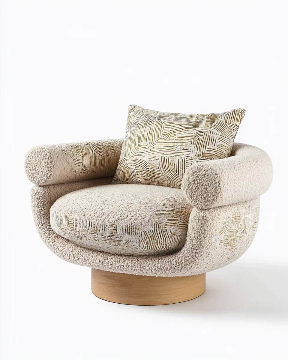 A modern upholstered armchair featuring a plush, rounded form. It is covered in a cream-colored bouc… — 3D model