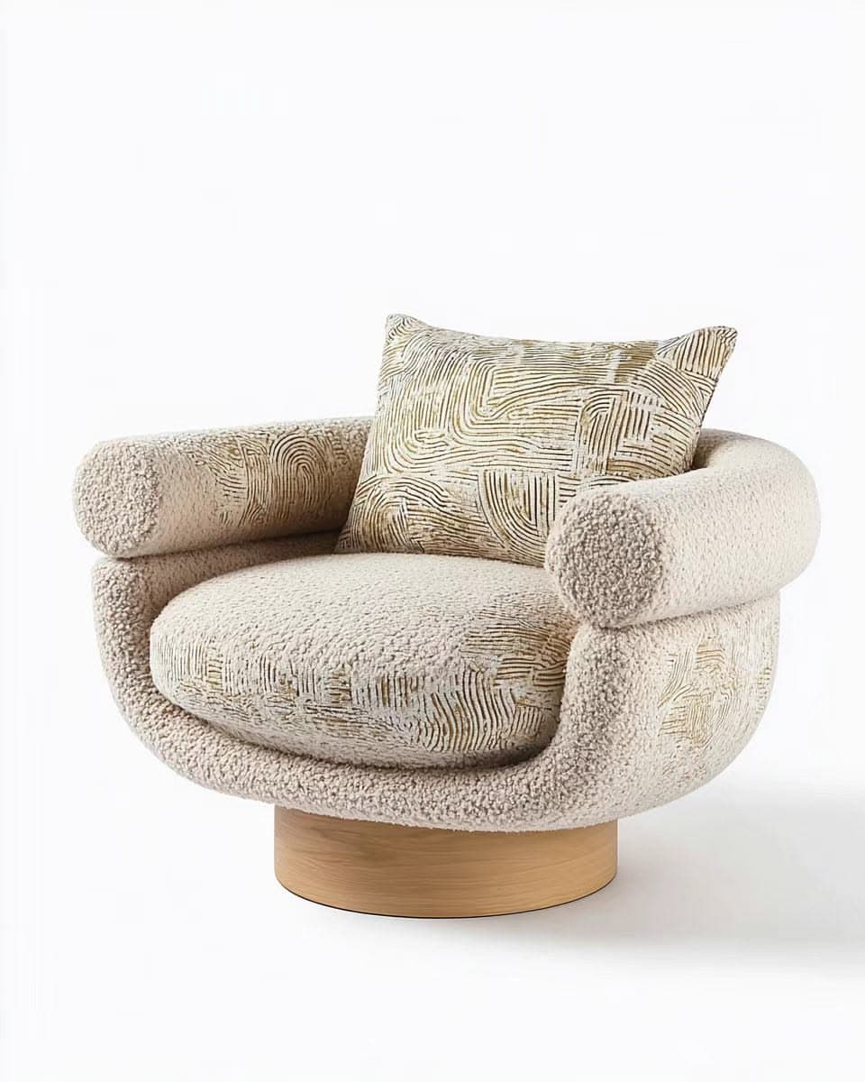 A modern upholstered armchair featuring a plush, rounded form. It is covered in a cream-colored boucle fabric. The seat cushion, a throw pillow, and inner sections of the back and armrests are upholstered in a contrasting fabric with an abstract, swirling linear pattern in off-white and golden-beige tones. The chair is supported by a recessed, round wooden base, indicating a swivel mechanism. The armrests are thick and rolled. — 3D model
