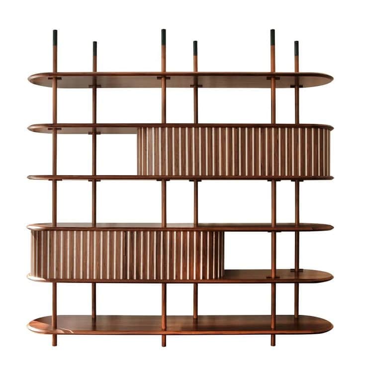 A contemporary freestanding bookshelf crafted from dark-toned wood, featuring multiple rounded-edge… — 3D model