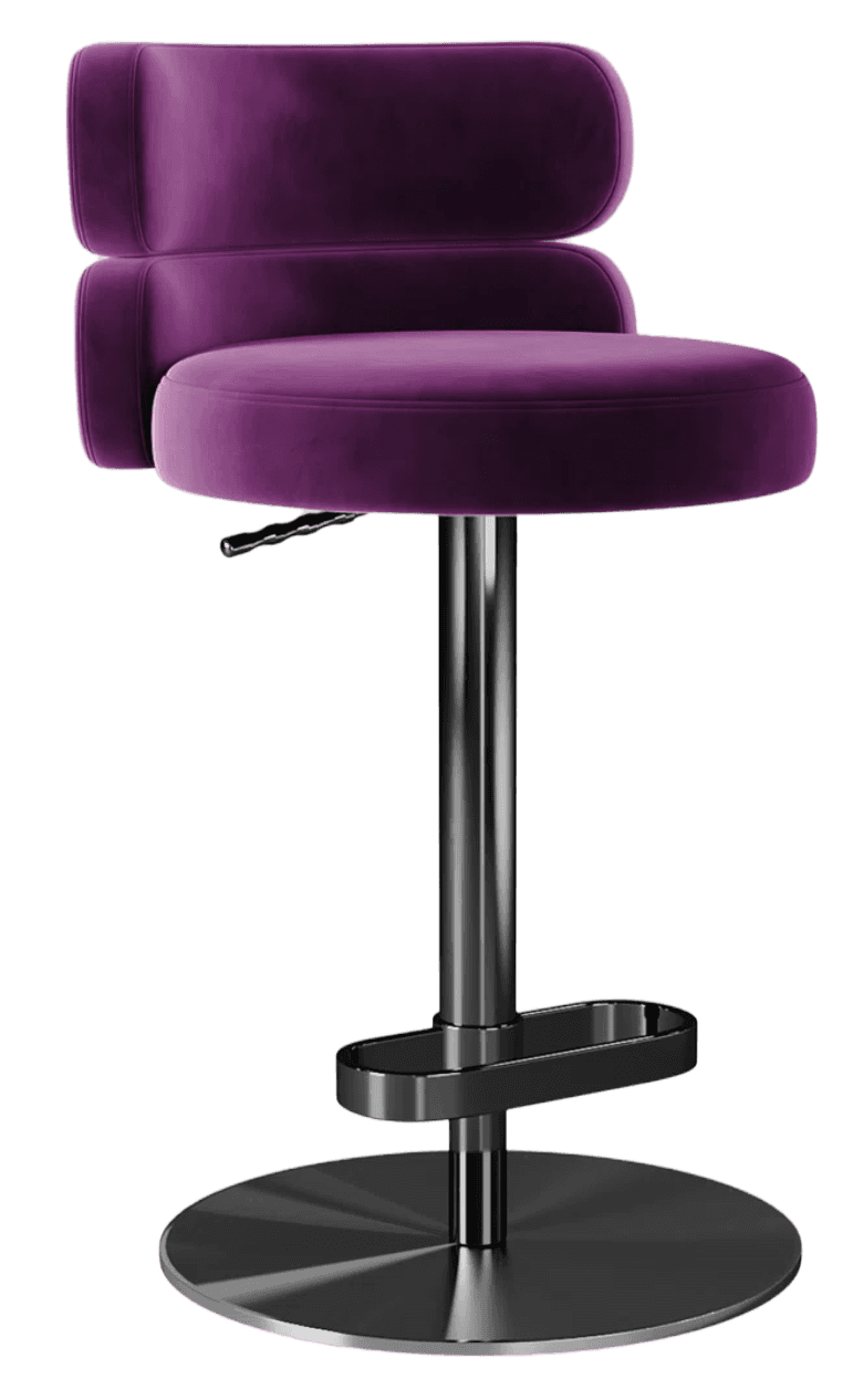A purple velvet bar stool with a round, padded seat and a backrest composed of two horizontal, cushi… — 3D model