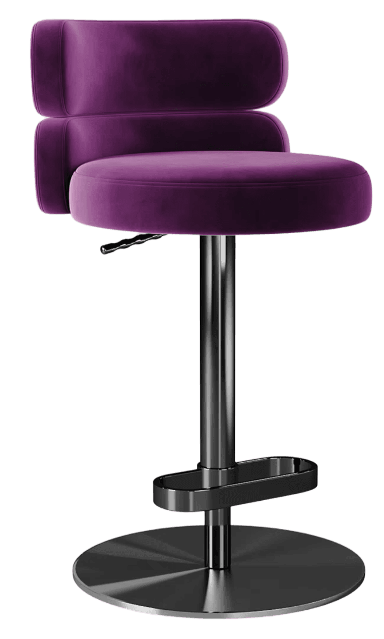 A purple velvet bar stool with a round, padded seat and a backrest composed of two horizontal, cushioned segments. The stool features a height-adjustable mechanism controlled by a lever beneath the seat and a circular metal base with a brushed finish. A chrome footrest is integrated into the central support column. — 3D model