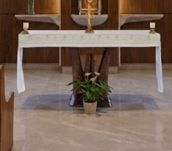 A modern ecclesiastical altar ensemble is presented, featuring a central altar table draped with a decorative fabric. Behind the table, a wooden wall panel incorporates vertical integrated lighting and several light-colored stone shelves. A prominent tabernacle-like structure, with a golden door and stone housing, is centrally positioned on a curved shelf within the wall panel. The altar table itself is adorned with a golden crucifix and two small candles, while a potted plant sits at its base. — 3D model