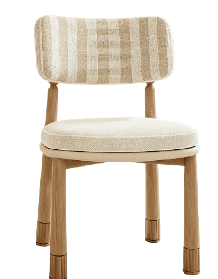 An armless chair featuring a padded, upholstered seat and backrest. The backrest is adorned with a cream and beige checkered fabric pattern, while the seat is a solid cream color. It is supported by four light-toned wooden legs that subtly taper downwards and are capped with decorative, fluted metallic ferrules. — 3D model