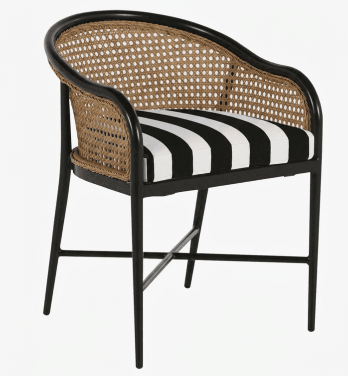 A modern dining chair featuring a black frame, a curved backrest with natural cane webbing, and a removable seat cushion upholstered in a bold black and white striped fabric. The chair has integrated armrests and tapered legs reinforced with cross-bracing. — 3D model