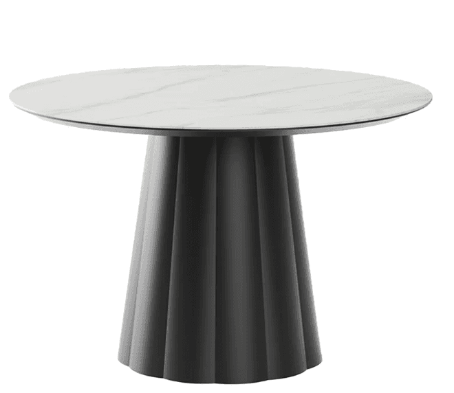 A round dining table with a white marble-patterned top and a fluted, conical pedestal base in a dark… — free GLB 3D model