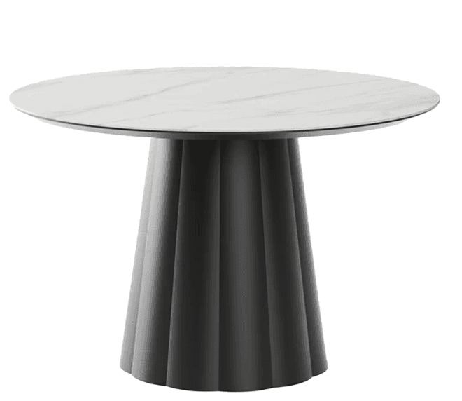 A round dining table with a white marble-patterned top and a fluted, conical pedestal base in a dark gray finish. — 3D model