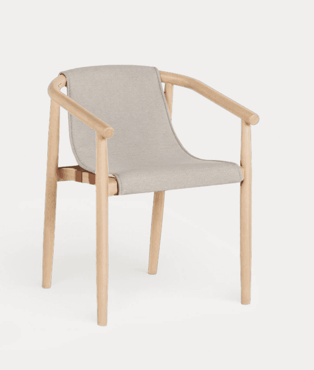 A modern armchair featuring a light-toned wooden frame and a sling-style fabric seat and backrest. T… — 3D model