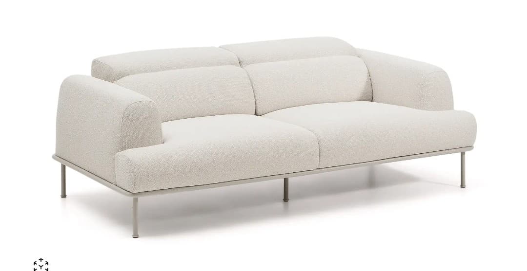 A light-colored, two-seater sofa with a textured fabric upholstery, plush rounded armrests, and segmented back cushions, supported by a sleek metal frame with slender legs. — 3D model