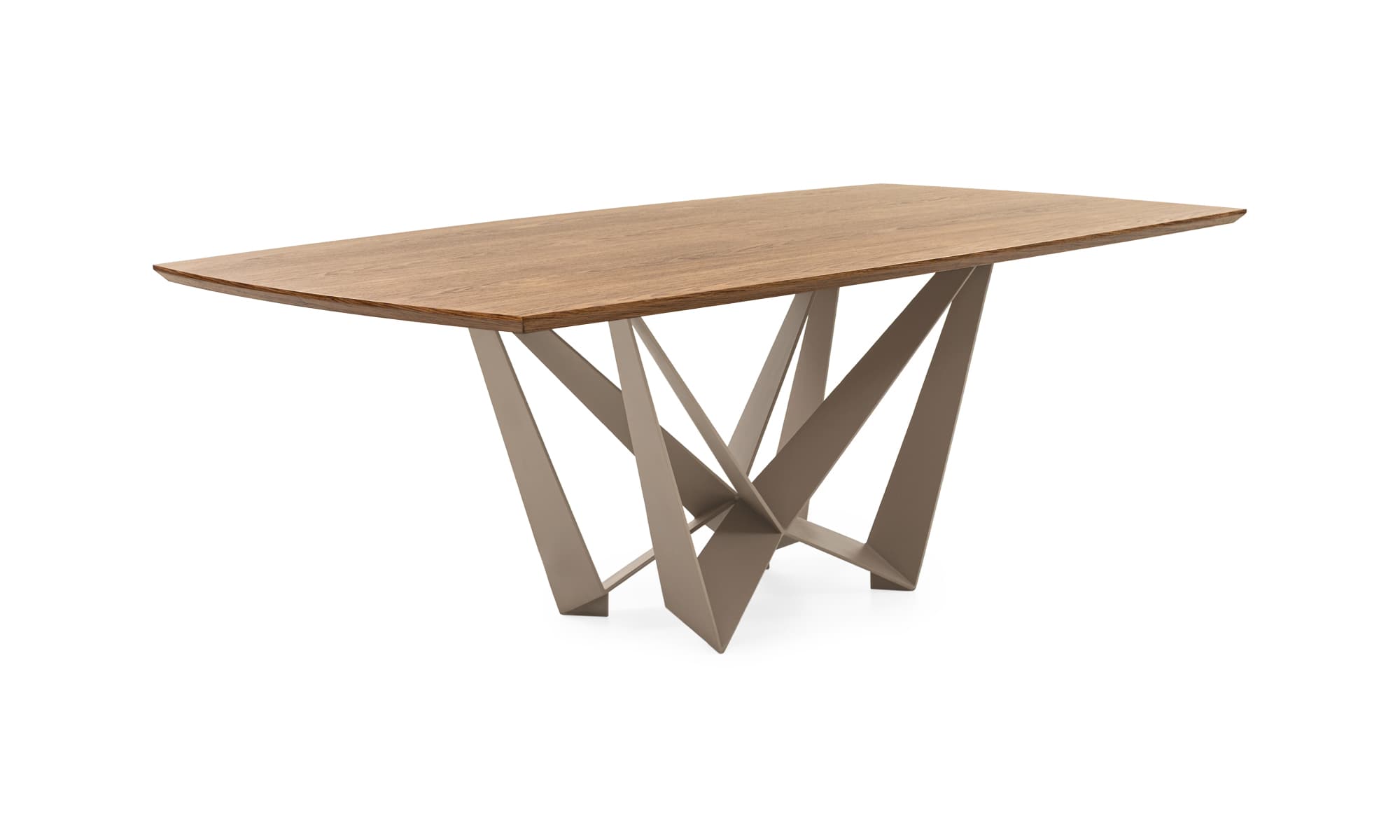 A rectangular table featuring a light-colored wooden top with softly rounded edges, supported by a complex, sculptural geometric base. The base is composed of multiple angular, intersecting flat metal panels, finished in a matte, neutral taupe or greige color, creating a striking visual form. — 3D model
