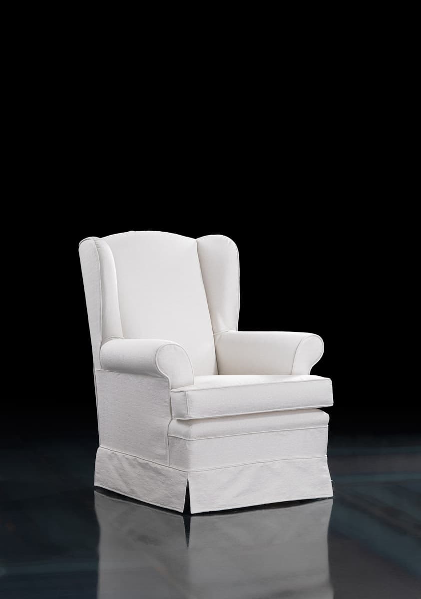 A white upholstered armchair with a high back and wings, rolled arms, and a skirted base. The upholstery has a textured pattern. The chair is presented against a black background with a reflection. — 3D model