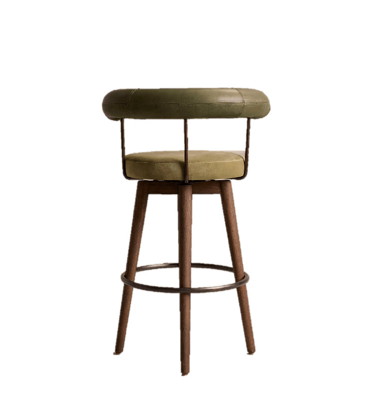 A bar stool with a padded backrest and seat. The stool has a metal frame supporting the backrest and seat, and wooden legs with a circular footrest. The upholstery appears to be leather or a similar material. — 3D model