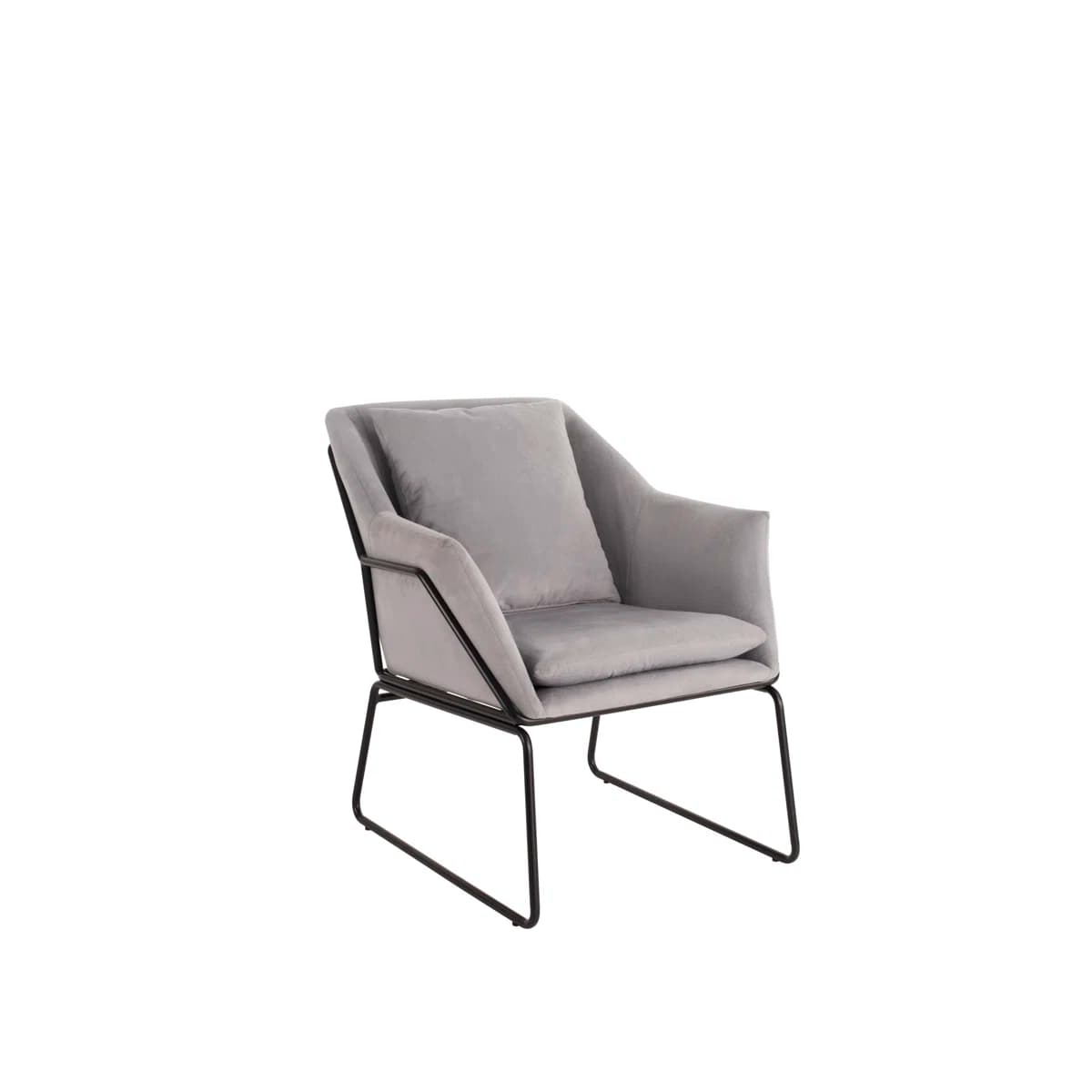 A contemporary lounge chair with a gray velvet upholstered body supported by a sleek, exposed black metal frame. It features a loose seat cushion and a loose back cushion, both in matching gray velvet. — 3D model
