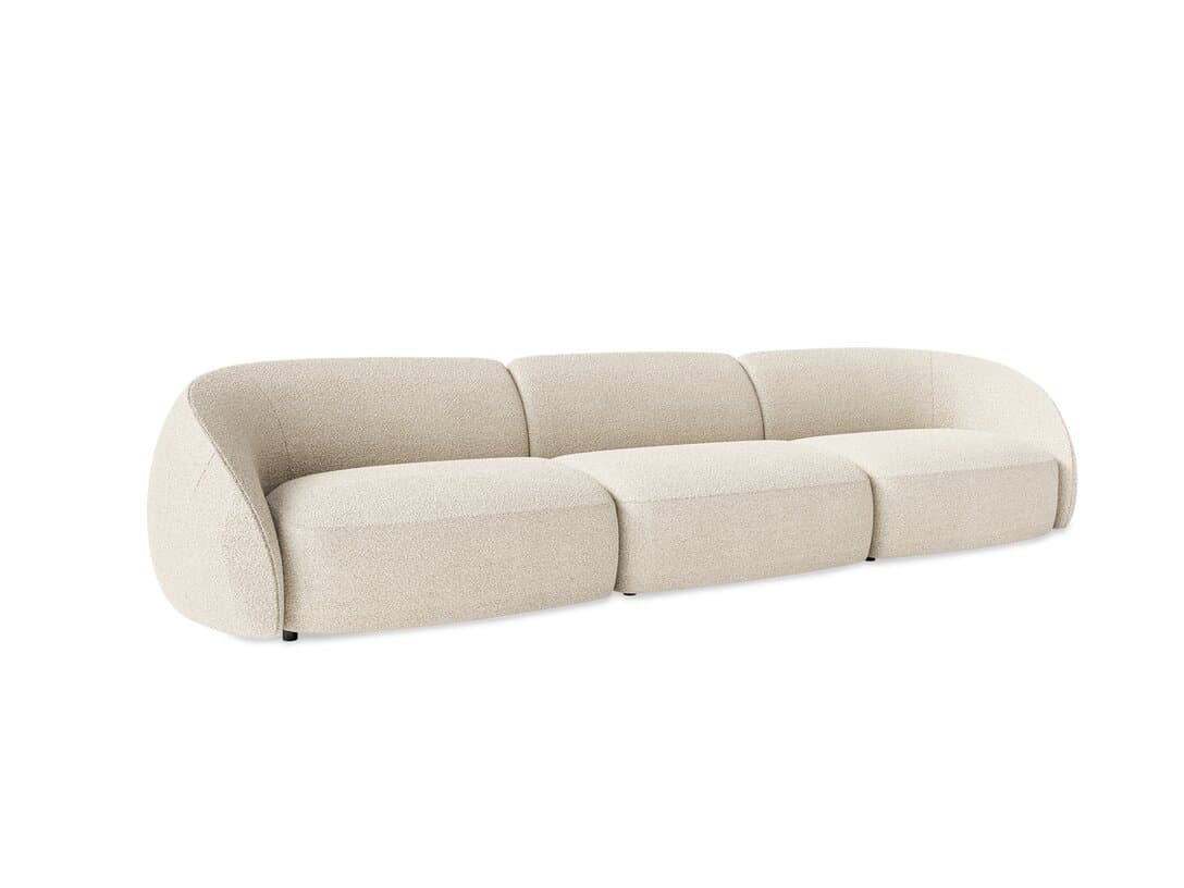 A three-seater sofa with a rounded, modular design. The sofa features plush, upholstered cushions that create a continuous seating surface. The armrests are integrated into the overall curved form, and the backrest appears to be low and continuous. The texture of the upholstery is finely woven. — 3D model