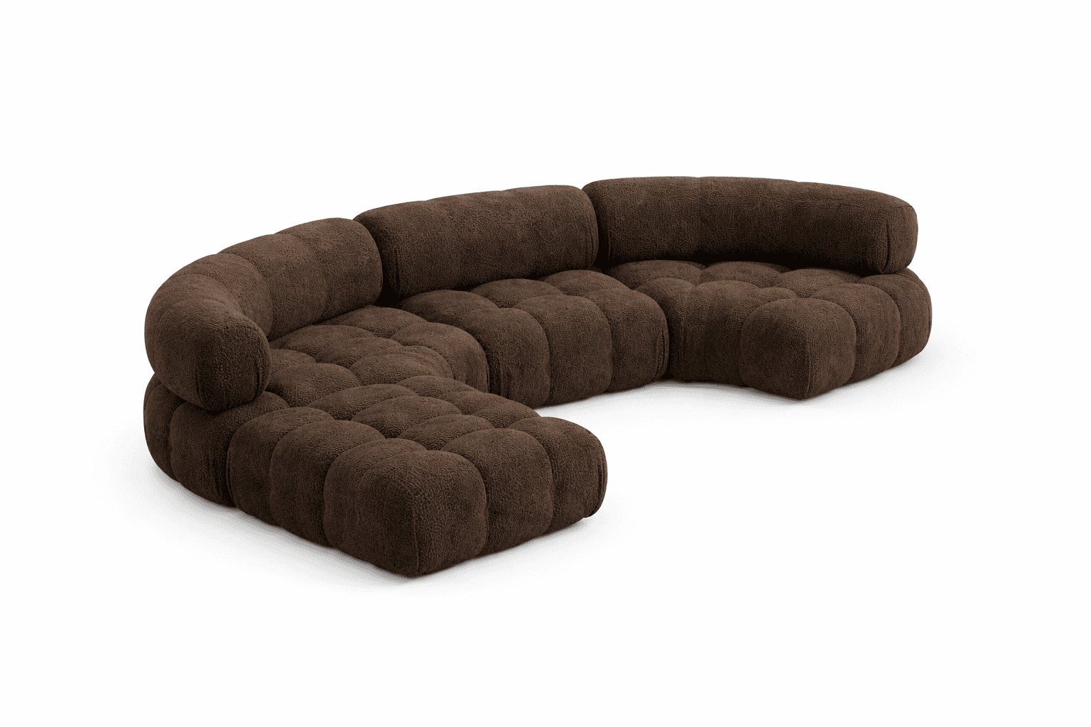 A modular sectional sofa with a rounded, organic silhouette. The sofa features deep tufting on the seat and back cushions, creating a pixelated or bubbled appearance. It is upholstered in a textured, shaggy brown fabric. The configuration includes a corner section and at least two linear sections. — 3D model