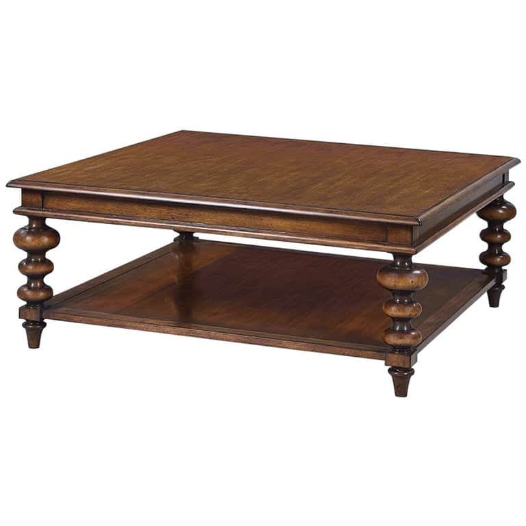 A square coffee table with a lower shelf. The table features turned legs with a bulbous, stacked des… — free GLB 3D model