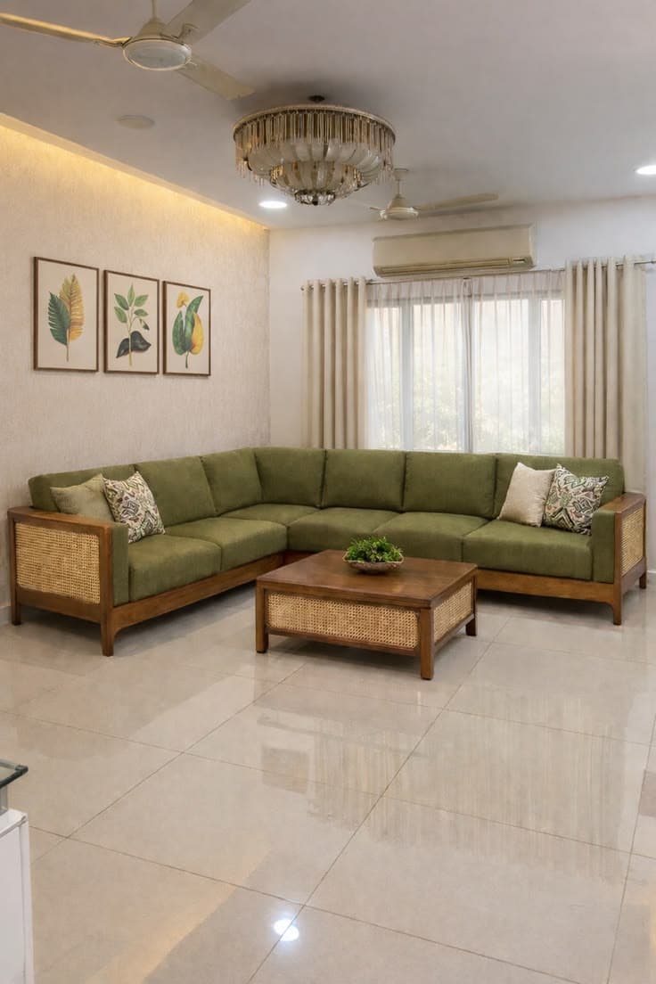A contemporary L-shaped sectional sofa featuring olive green fabric upholstery, an exposed dark wood frame, and woven cane panels integrated into the armrests and lower sections. — 3D model