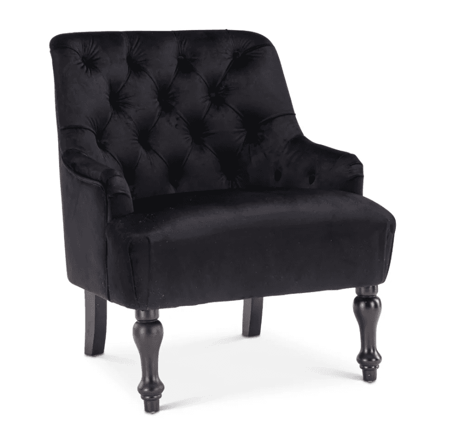 A black velvet tufted armchair featuring rolled arms and turned wooden legs, presented against a whi… — free OBJ 3D model