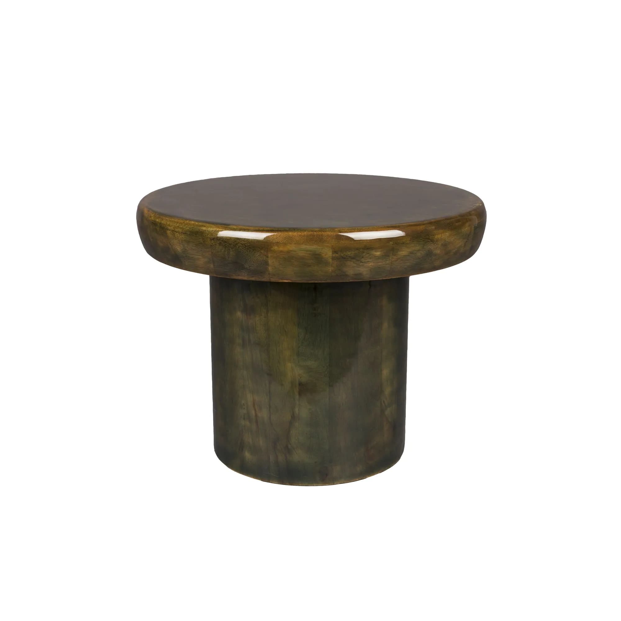 A cylindrical end table with a rounded top and a thick pedestal base. The surface of the table has a glossy, dark finish, while the base appears to be made of wood with a stained or aged finish. — 3D model