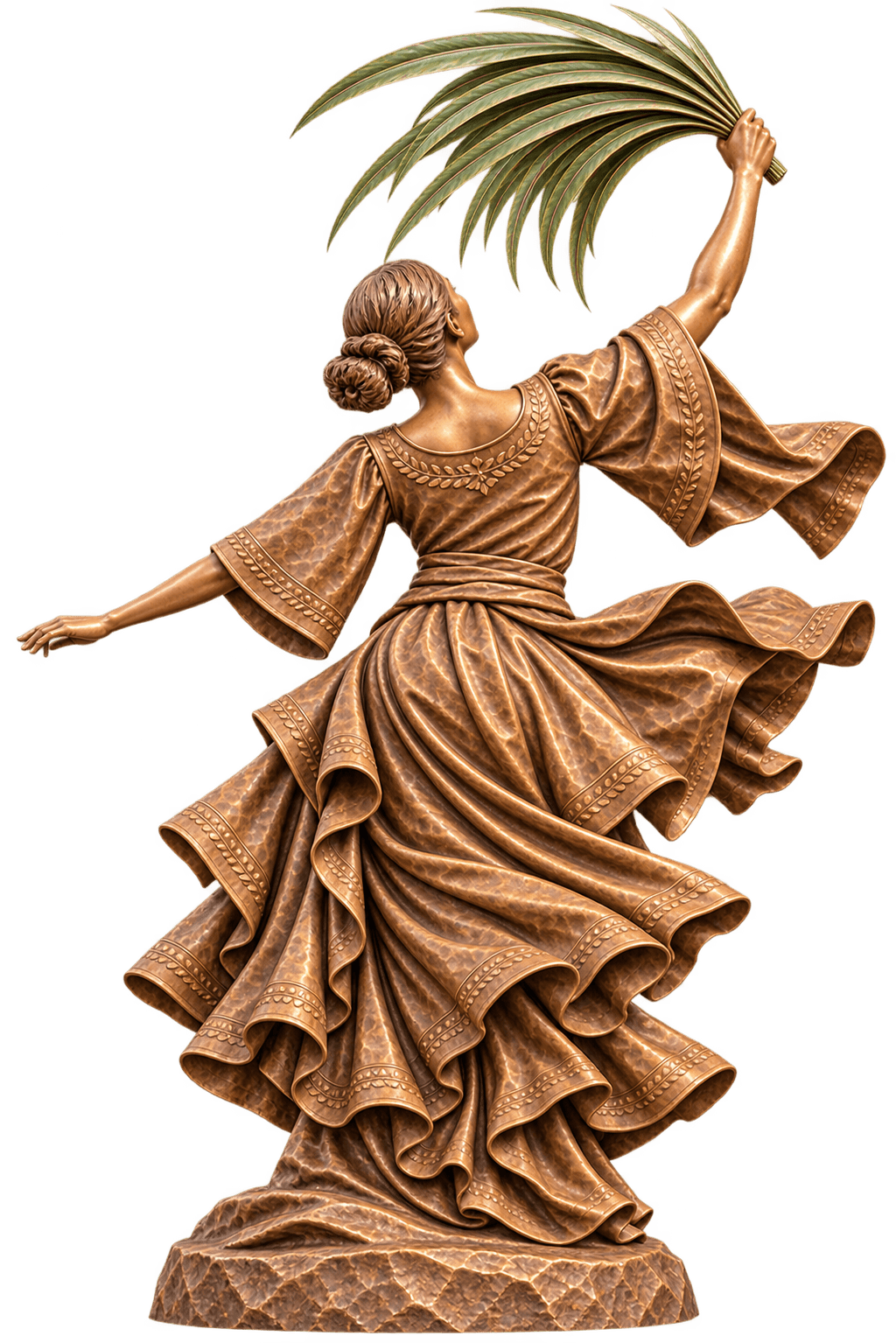 A highly detailed bronze sculpture depicting a woman in a dynamic dancing pose, holding fanned palm… — 3D model