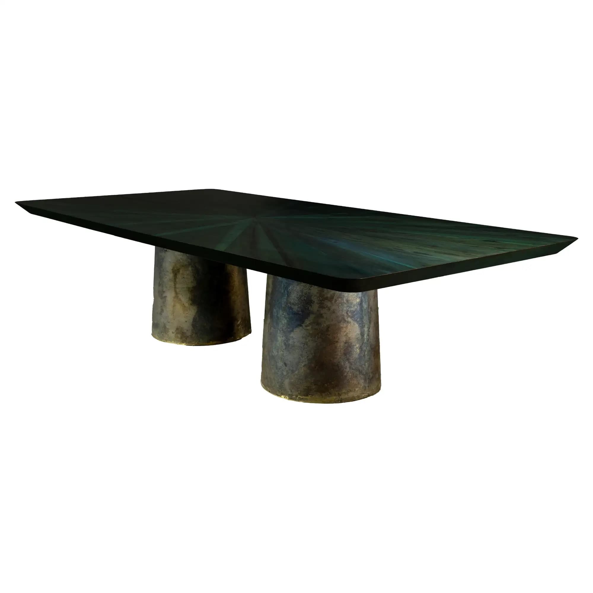 A rectangular dining table featuring a dark, multi-tonal radial pattern on its tabletop and supported by two large, cylindrical bases with a heavily textured, patinated finish. — 3D model