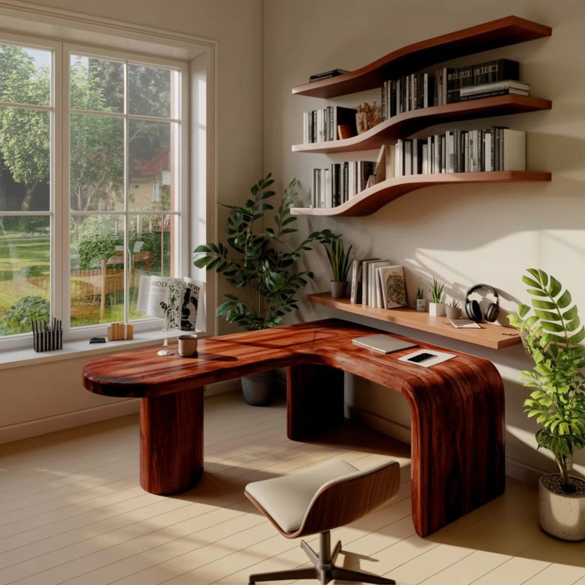 An L-shaped modern accent table crafted from rich, dark wood with visible grain. One end is supported by a solid cylindrical leg, while the other features a continuous curved panel forming a waterfall edge. The table has smooth, rounded corners, giving it a sleek and contemporary appearance. — 3D model