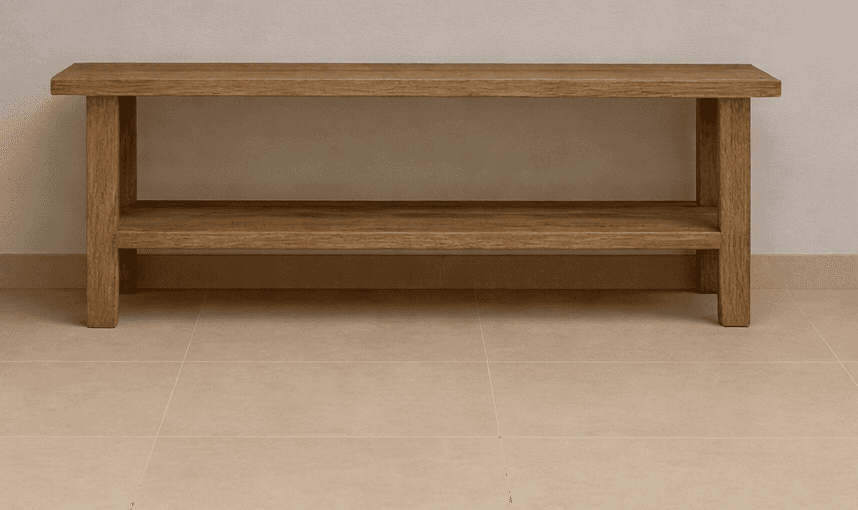 A wooden console table with two tiers. It features a plank-style top and a lower shelf, supported by… — 3D model