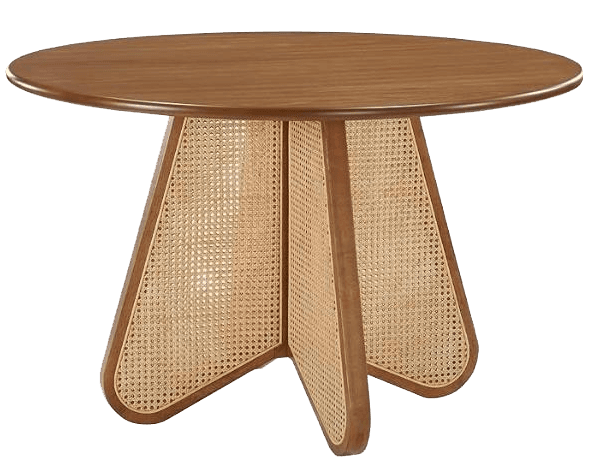 A round dining table with a wooden top and a base constructed from intricately woven cane panels framed by wooden supports. The base has a unique, multi-faceted shape that flares outwards towards the bottom. — 3D model