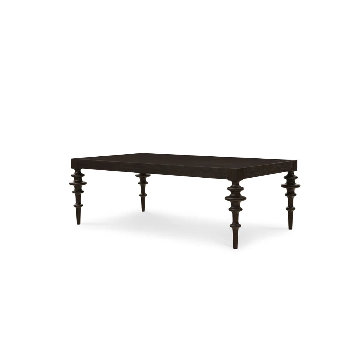 A dark stained wooden rectangular dining table featuring four elaborately turned and tapered legs, presented against a white background. — 3D model