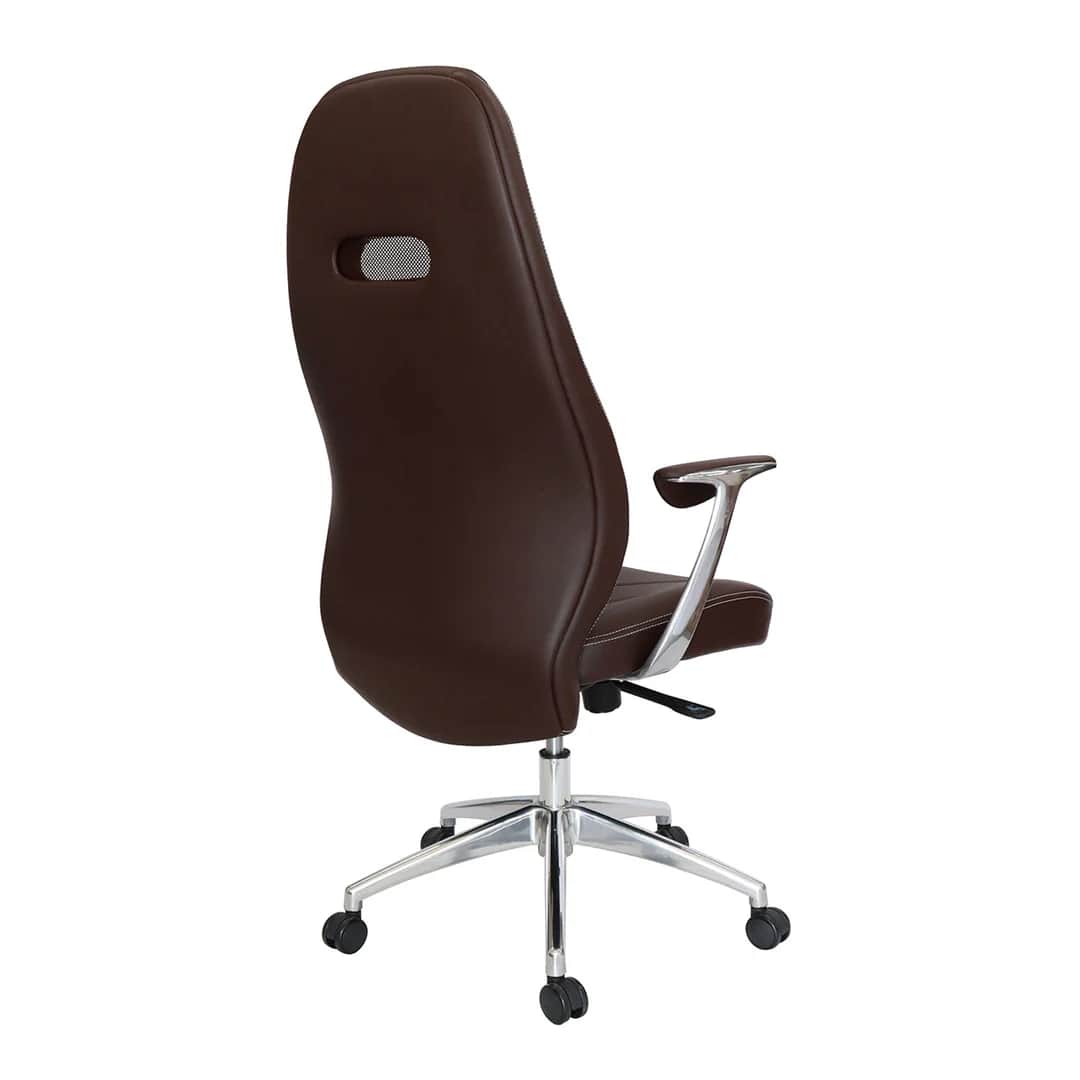 A brown office chair viewed from the rear and side. It features a high back with a cutout and mesh i… — 3D model