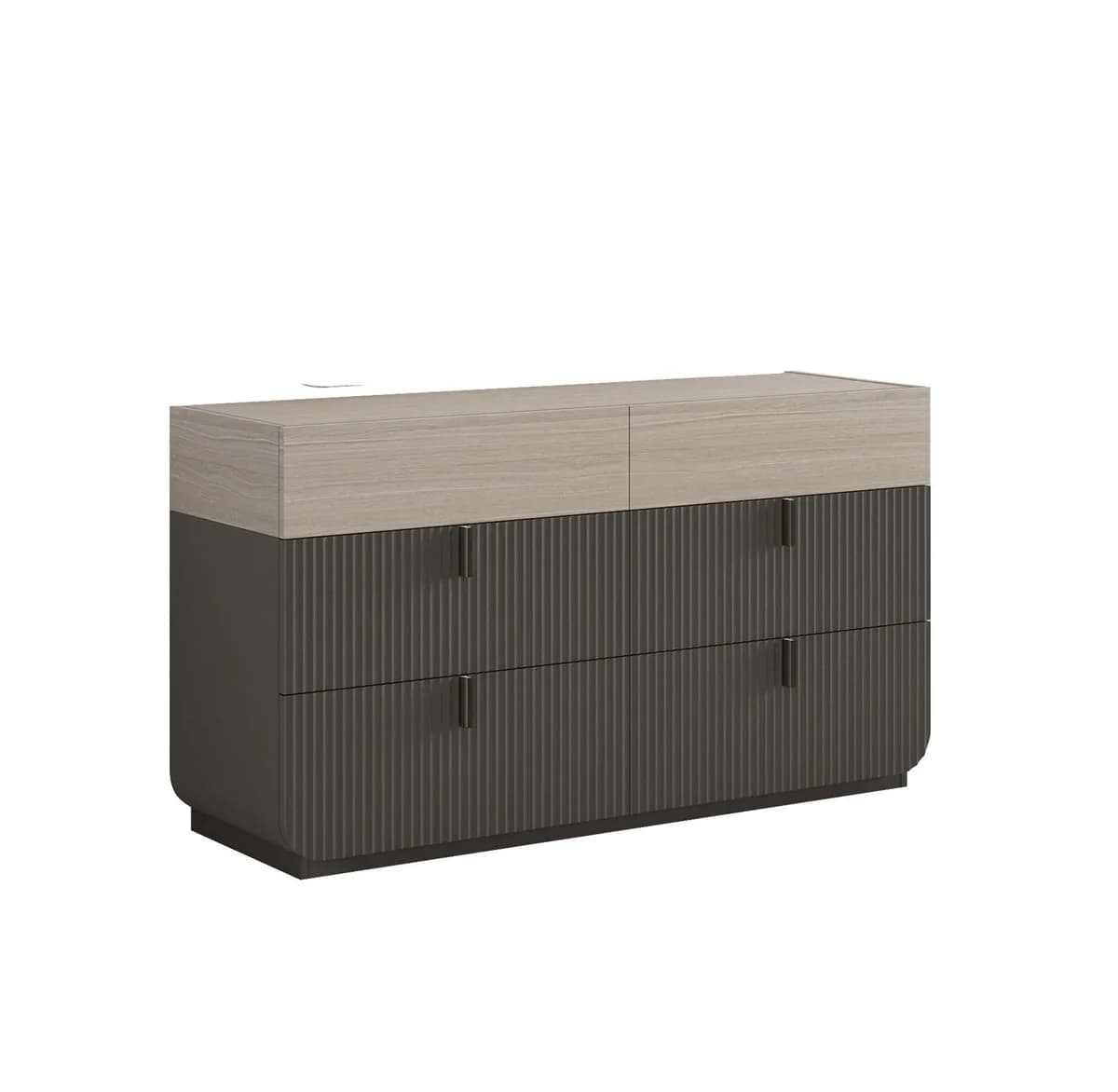 A dresser with a two-tone finish. The top section features two drawers with a light wood grain finish, while the lower section has four drawers with a dark gray, fluted texture. Each drawer has a slim, horizontal metal handle. — 3D model