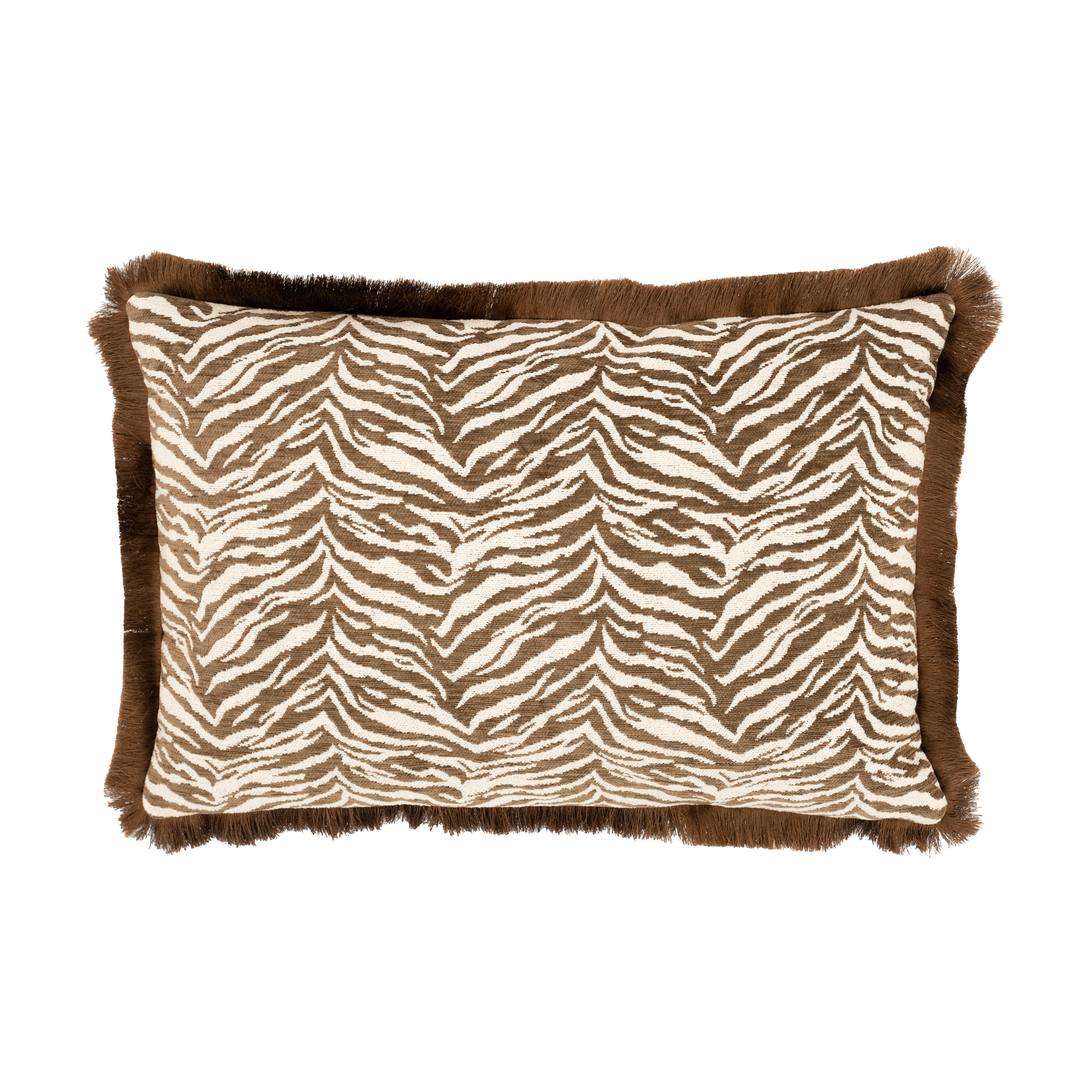 A rectangular throw pillow with a decorative tiger stripe pattern in brown and off-white. The pillow is edged with a band of dark brown, shaggy material, possibly faux fur or animal hide. The texture of the main fabric appears to be woven. — 3D model