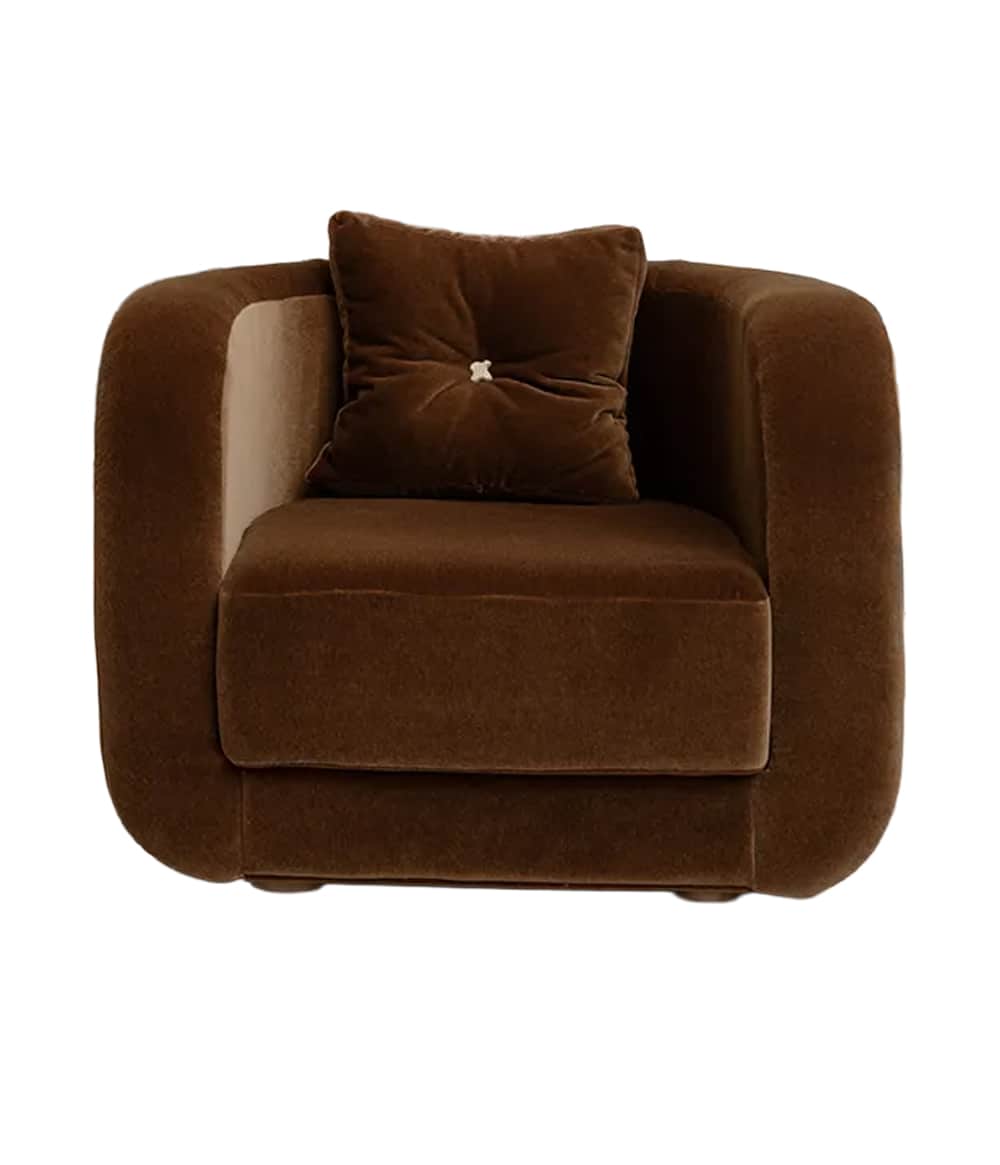 A generously proportioned, single-seater lounge chair upholstered in a rich brown velvet fabric, fea… — 3D model