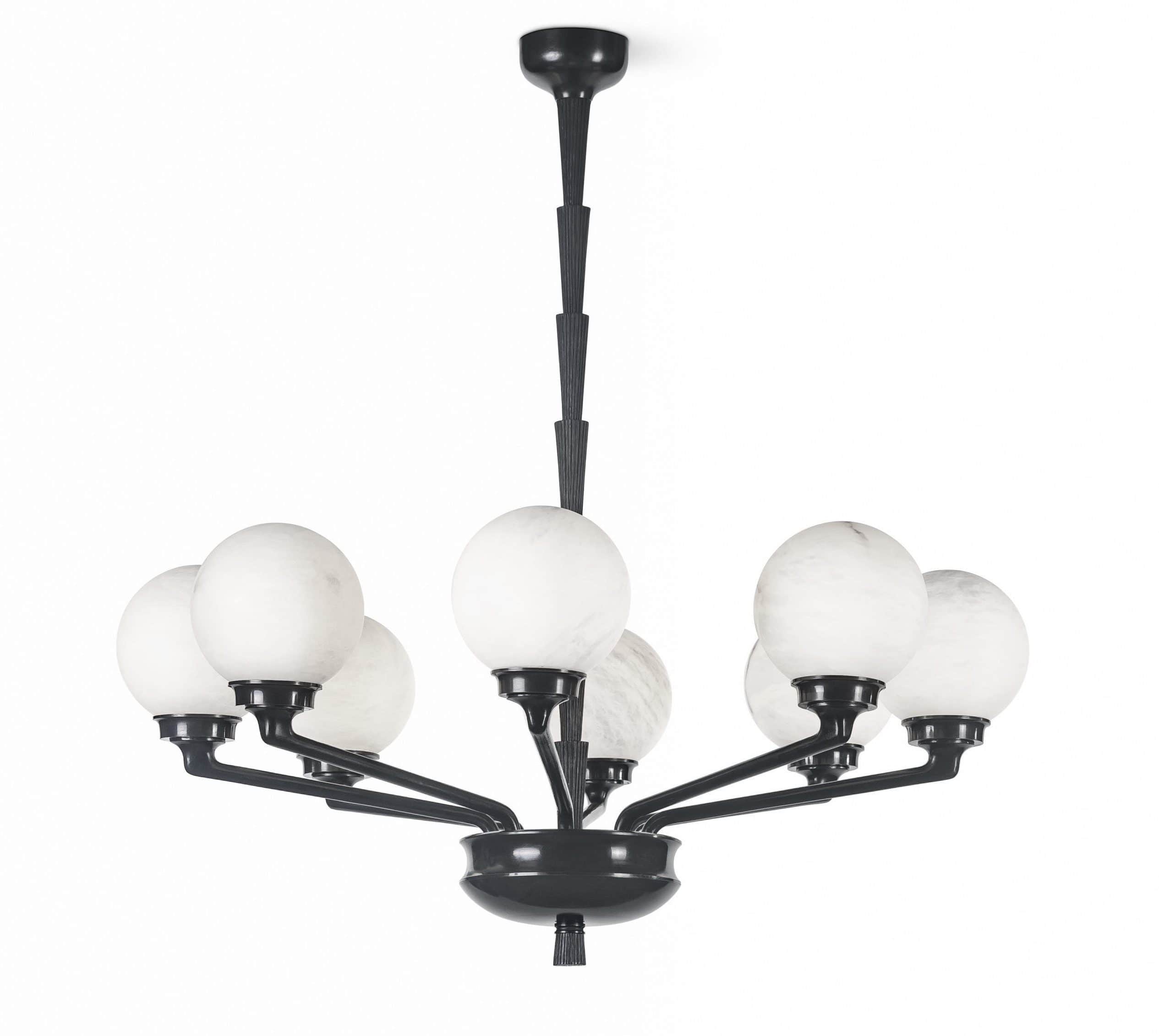 A black chandelier with a tiered central stem and six arms. Each arm supports a frosted white globe-… — 3D model