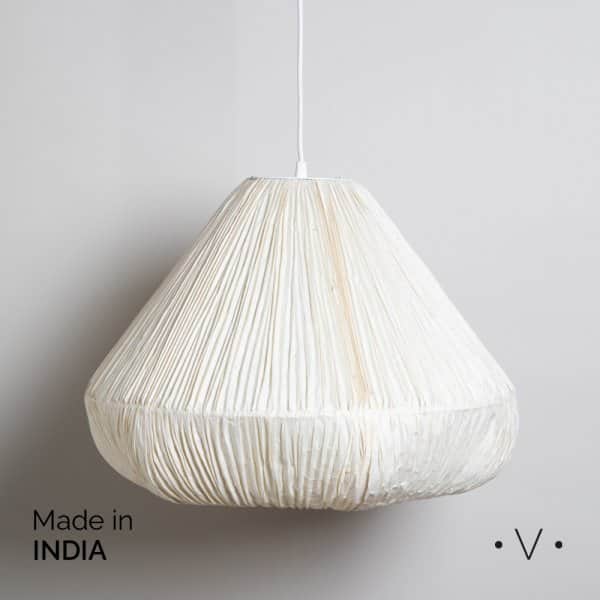 An off-white, cone-shaped pendant light featuring a heavily textured, pleated shade made from a natu… — 3D model