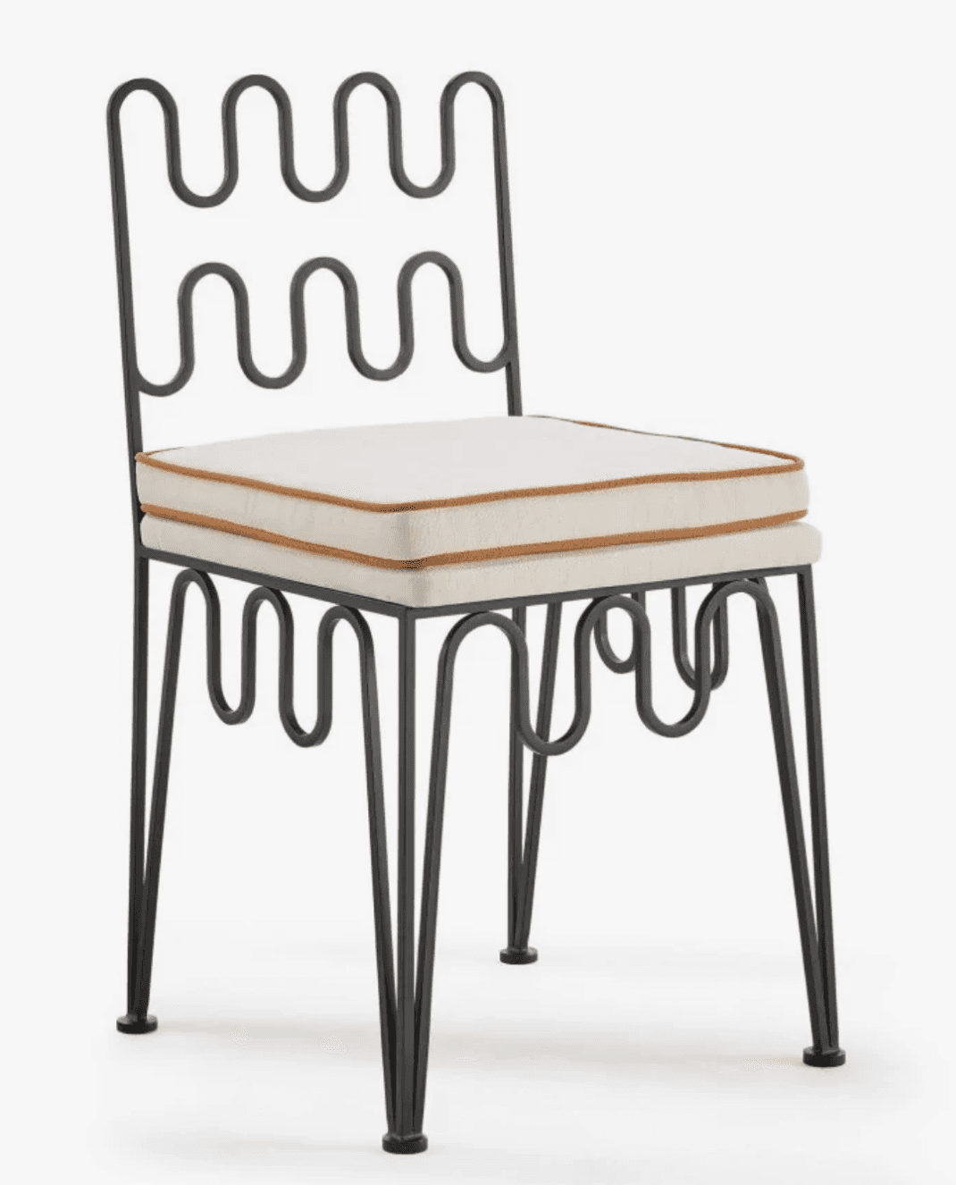 An accent chair featuring a distinctive black metal frame with undulating, wavy patterns forming bot… — free OBJ 3D model