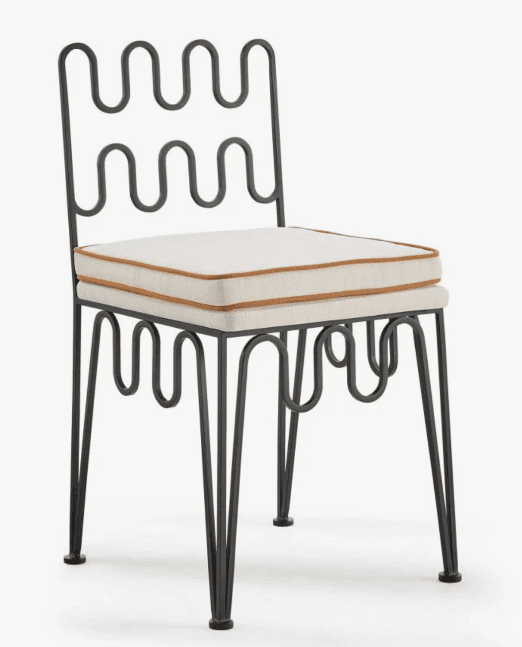 An accent chair featuring a distinctive black metal frame with undulating, wavy patterns forming both the backrest and the under-seat support. The chair has four slender, tapered legs and is fitted with a rectangular, off-white upholstered cushion detailed with tan piping. — 3D model