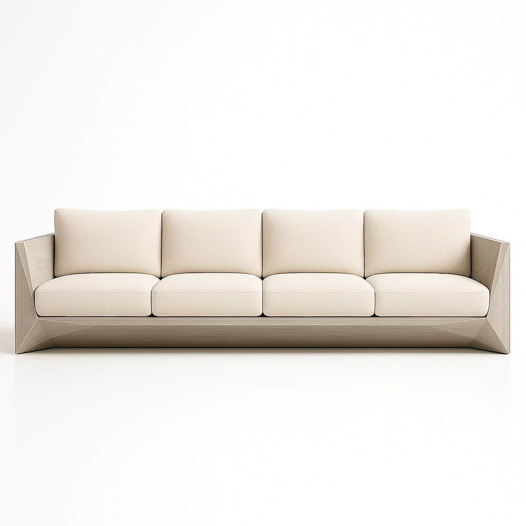 A modern, four-seater sofa with a low profile and a geometric base. The sofa features upholstered se… — free GLTF 3D model