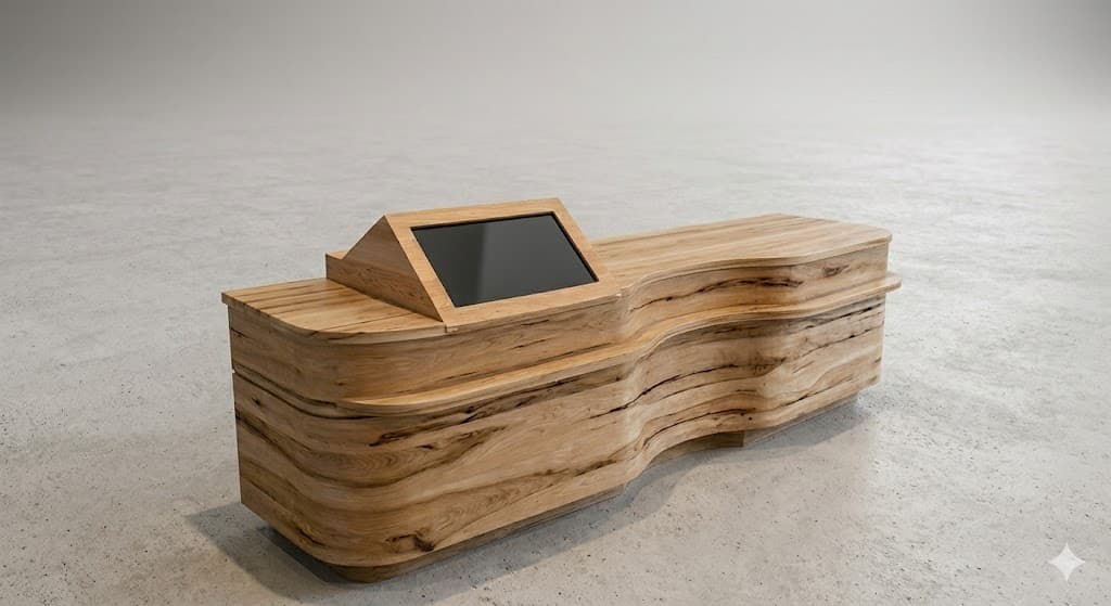 A long, low, contemporary kiosk or display stand crafted from light-toned, highly figured natural wood. The design features a distinctive organic, wavy, and layered profile, giving it a sculptural appearance. An integrated black digital display screen is angled upwards within a raised section of the top surface, suggesting an interactive or informational function. The piece sits directly on the floor, forming a solid base with a biomorphic aesthetic. — 3D model