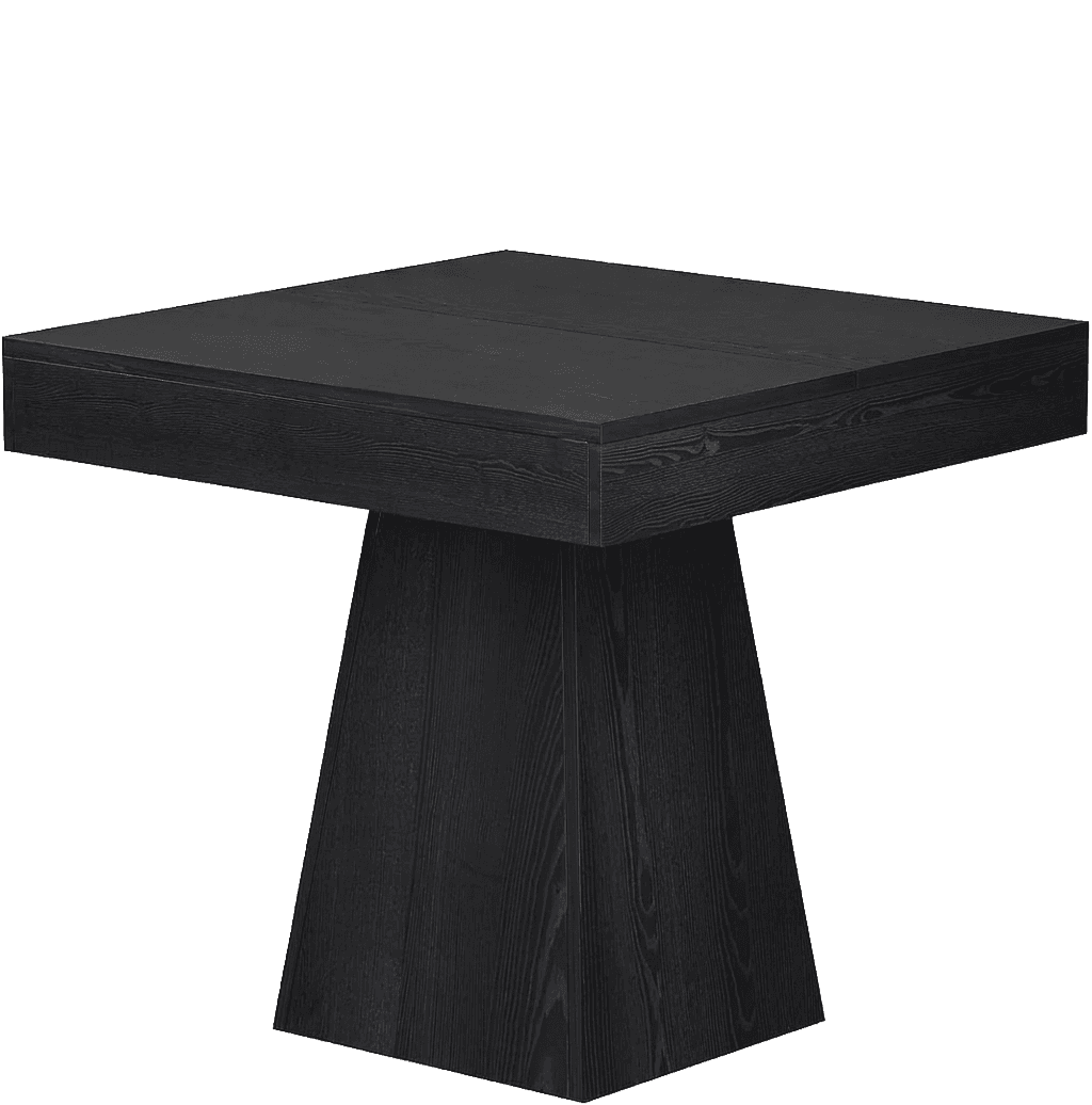 A contemporary square dining table featuring a dark, almost black, wood finish that prominently displays the wood grain. It is supported by a substantial, tapering pedestal base, offering a minimalist yet robust aesthetic. The tabletop is square with a thick profile, indicating solid construction. — 3D model