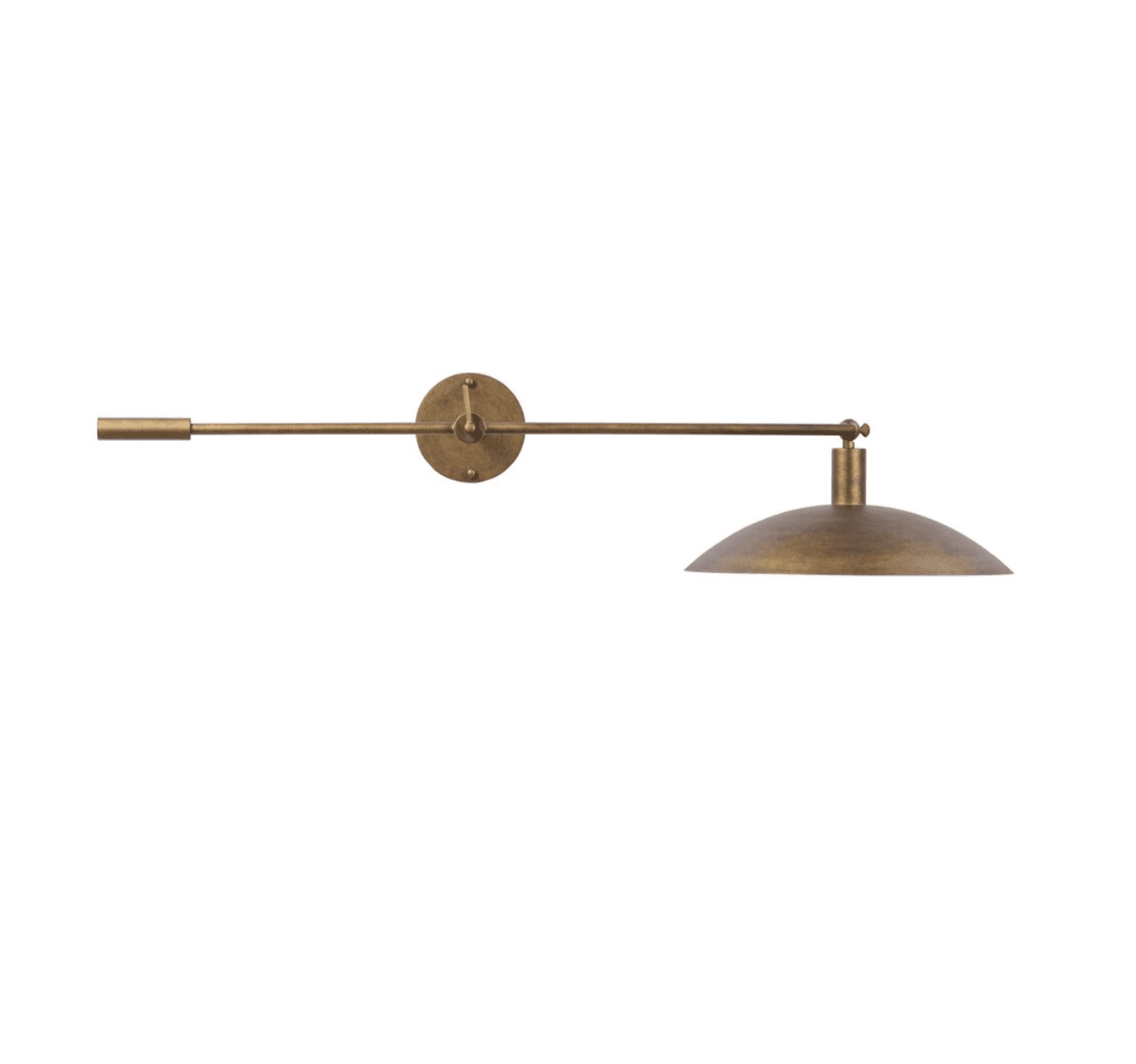 An aged brass adjustable wall sconce featuring a long horizontal arm extending from a circular wall-mounted backplate. The arm supports a downward-facing, shallow dome-shaped metal shade, allowing for directional light. The lamp has a utilitarian yet stylish design, characterized by its distressed metallic finish. — 3D model